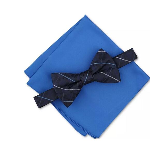 Alfani Men's Canfield Grid Bow Tie & Solid Pocket Square Set 14658 - Picture 1 of 1